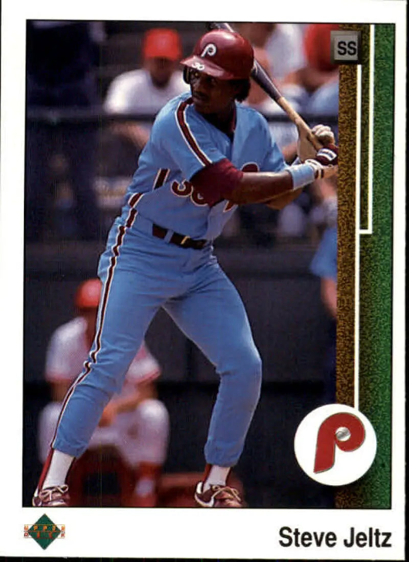 Baseball player Steve Jeltz in Philadelphia Phillies uniform at bat, Upper Deck card