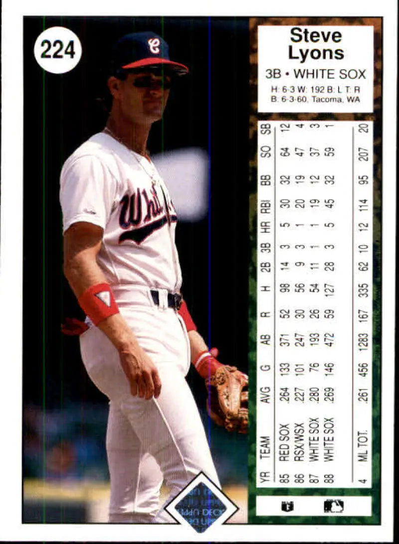 Baseball card of Steve Lyons in a white Chicago White Sox home uniform