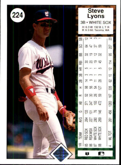 Baseball card of Steve Lyons in a white Chicago White Sox home uniform