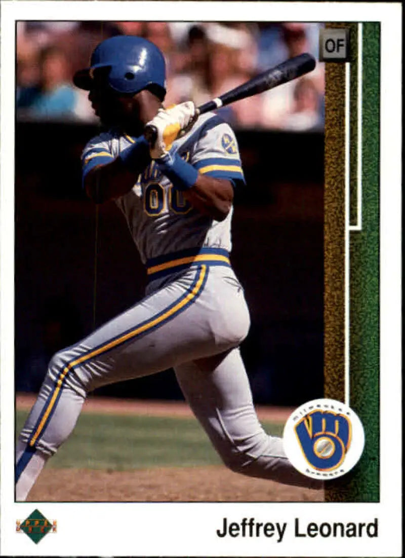 Jeffrey Leonard swinging bat in Milwaukee Brewers uniform on 1989 baseball card