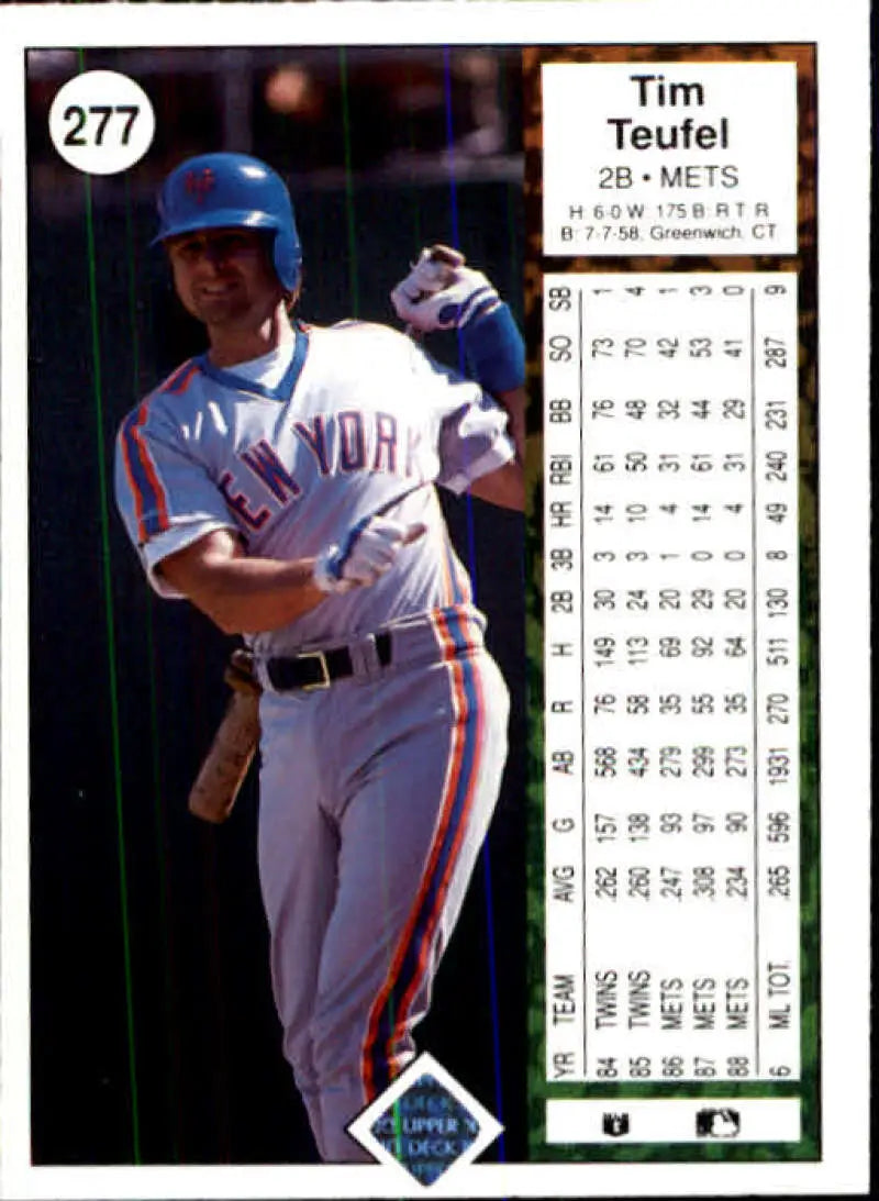 Baseball card of Tim Teufel in a Mets uniform from Upper Deck 1989 at the plate