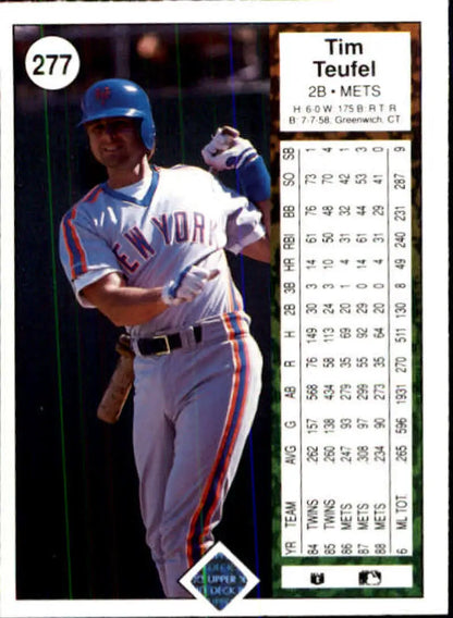 Baseball card of Tim Teufel in a Mets uniform from Upper Deck 1989 at the plate