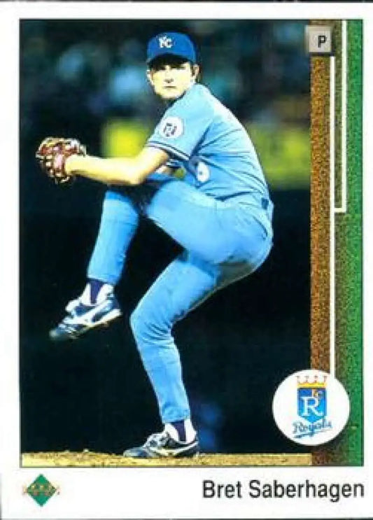 Baseball pitcher in Kansas City Royals uniform mid-delivery on Upper Deck baseball card