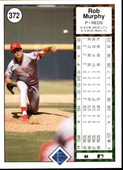 Baseball pitcher Rob Murphy mid-delivery in Cincinnati Reds uniform on baseball card