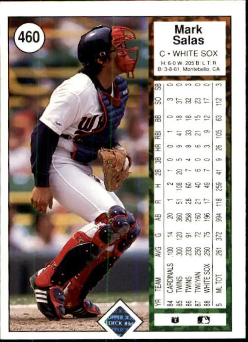 Baseball card of Mark Salas in a crouched position for the Chicago White Sox