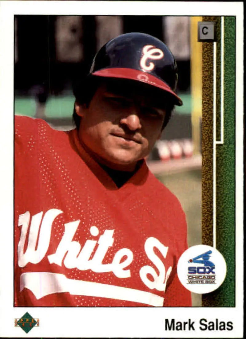 Baseball player in red Chicago White Sox uniform and navy cap, Mark Salas card