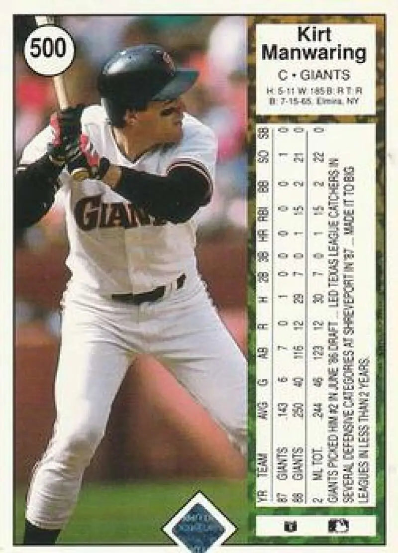 Kirt Manwaring in white home uniform on 1989 Upper Deck San Francisco Giants card