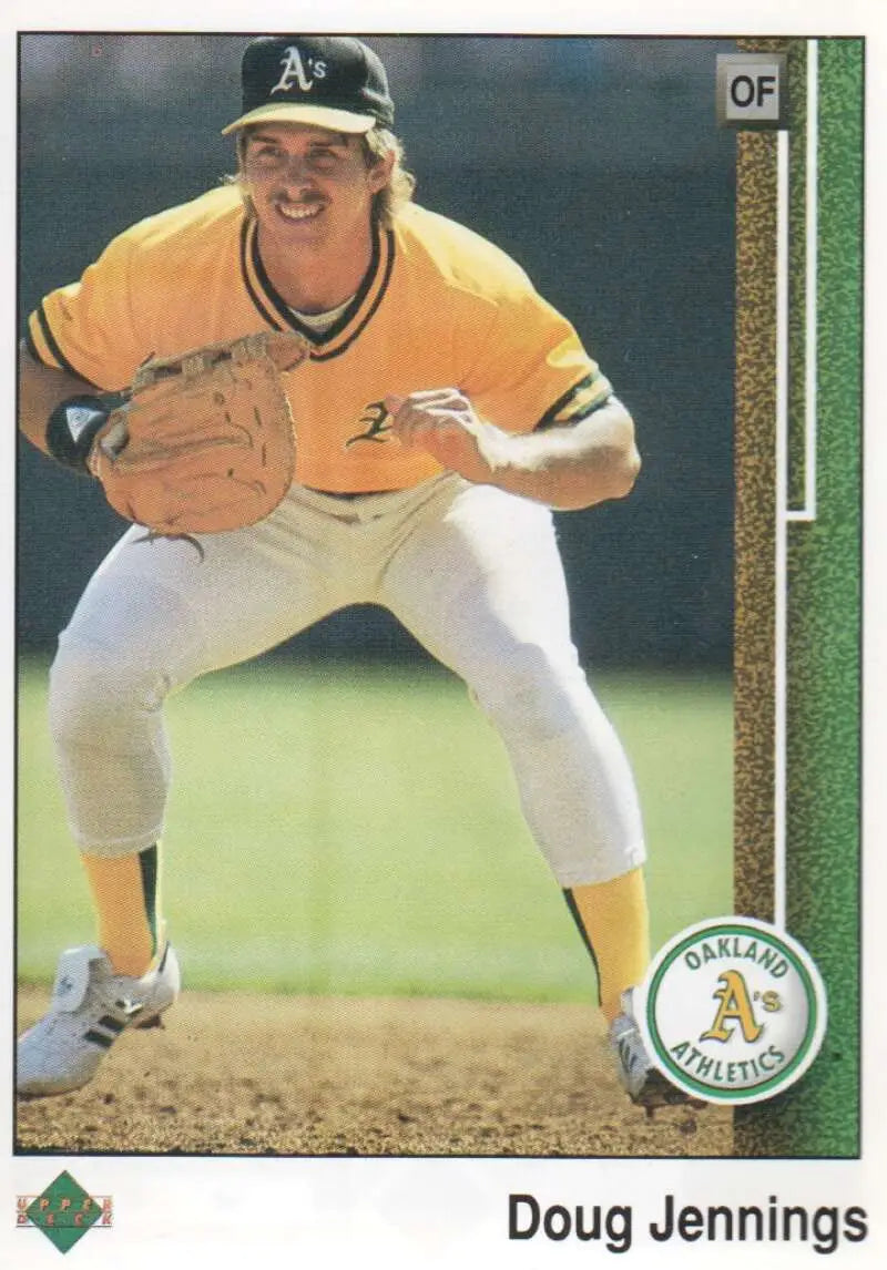Baseball player in Oakland Athletics jersey showcasing Doug Jennings from Upper Deck card