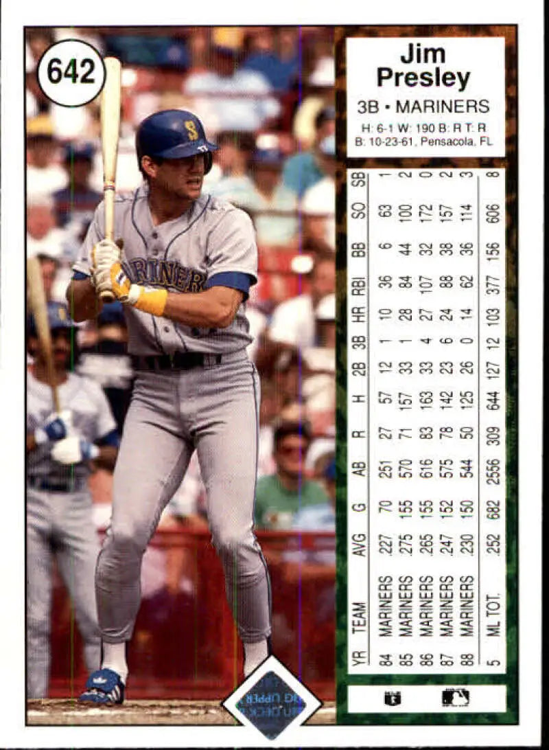 Baseball card of Jim Presley in gray Seattle Mariners uniform by Upper Deck