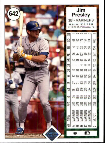 Baseball card of Jim Presley in gray Seattle Mariners uniform by Upper Deck