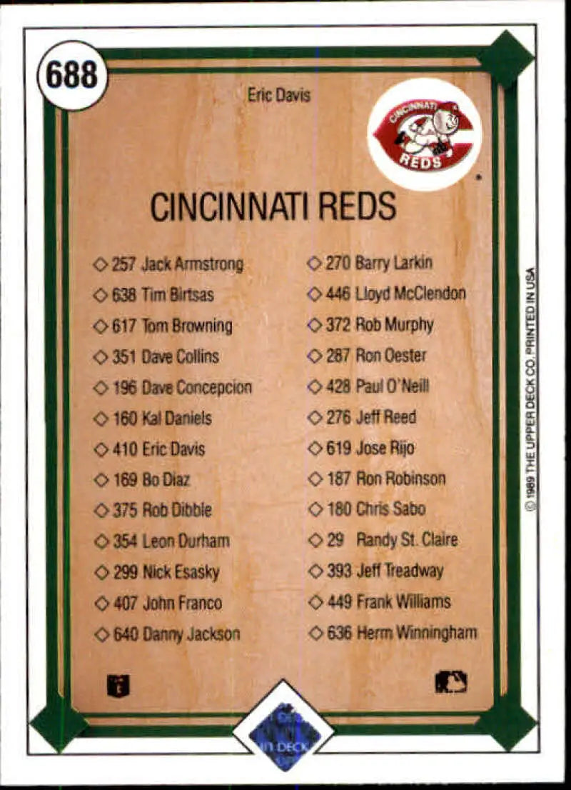 Baseball card checklist featuring Cincinnati Reds players, including Eric Davis, from Upper Deck