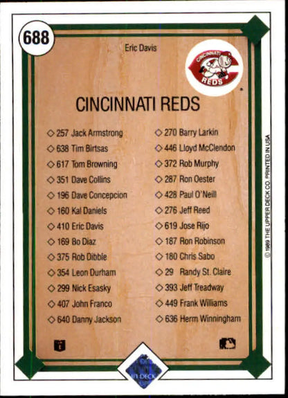 Baseball card checklist featuring Cincinnati Reds players, including Eric Davis, from Upper Deck
