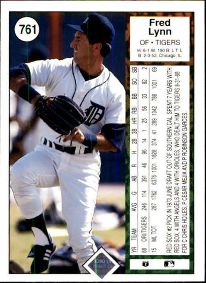 Baseball card of Fred Lynn pitching in a Detroit Tigers home uniform