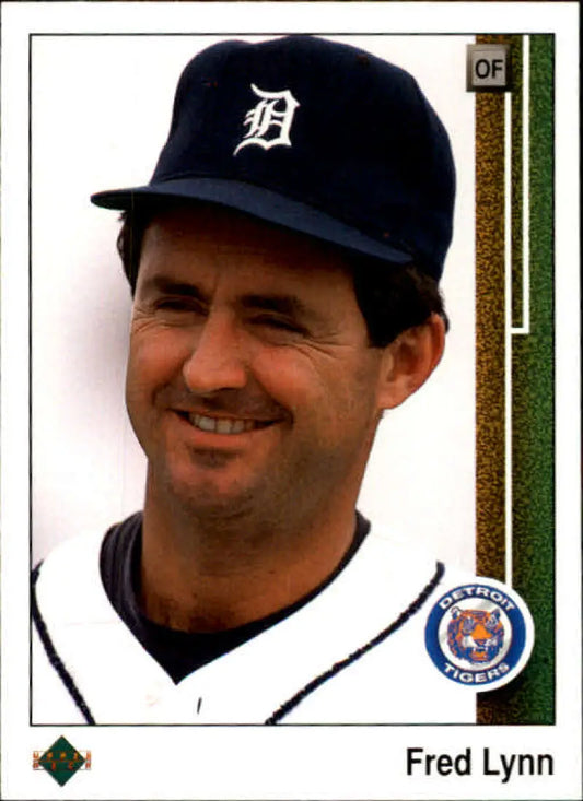 Fred Lynn in a Detroit Tigers cap, featured on his baseball card from 1989 Upper Deck