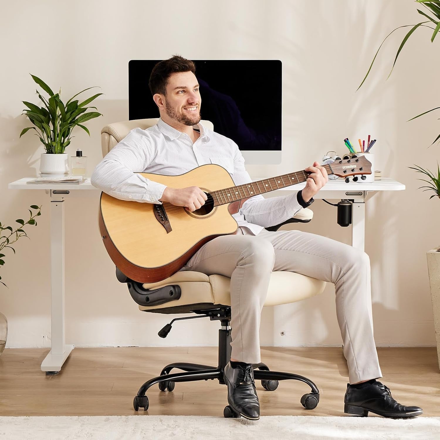 Computer Gaming Chair, Ergonomic Office Chair High Back Heavy Duty Task Desk Chair with Flip-Up Arms, PU Leather, Adjustable Swivel Rolling Chair with Wheels, Cream-1