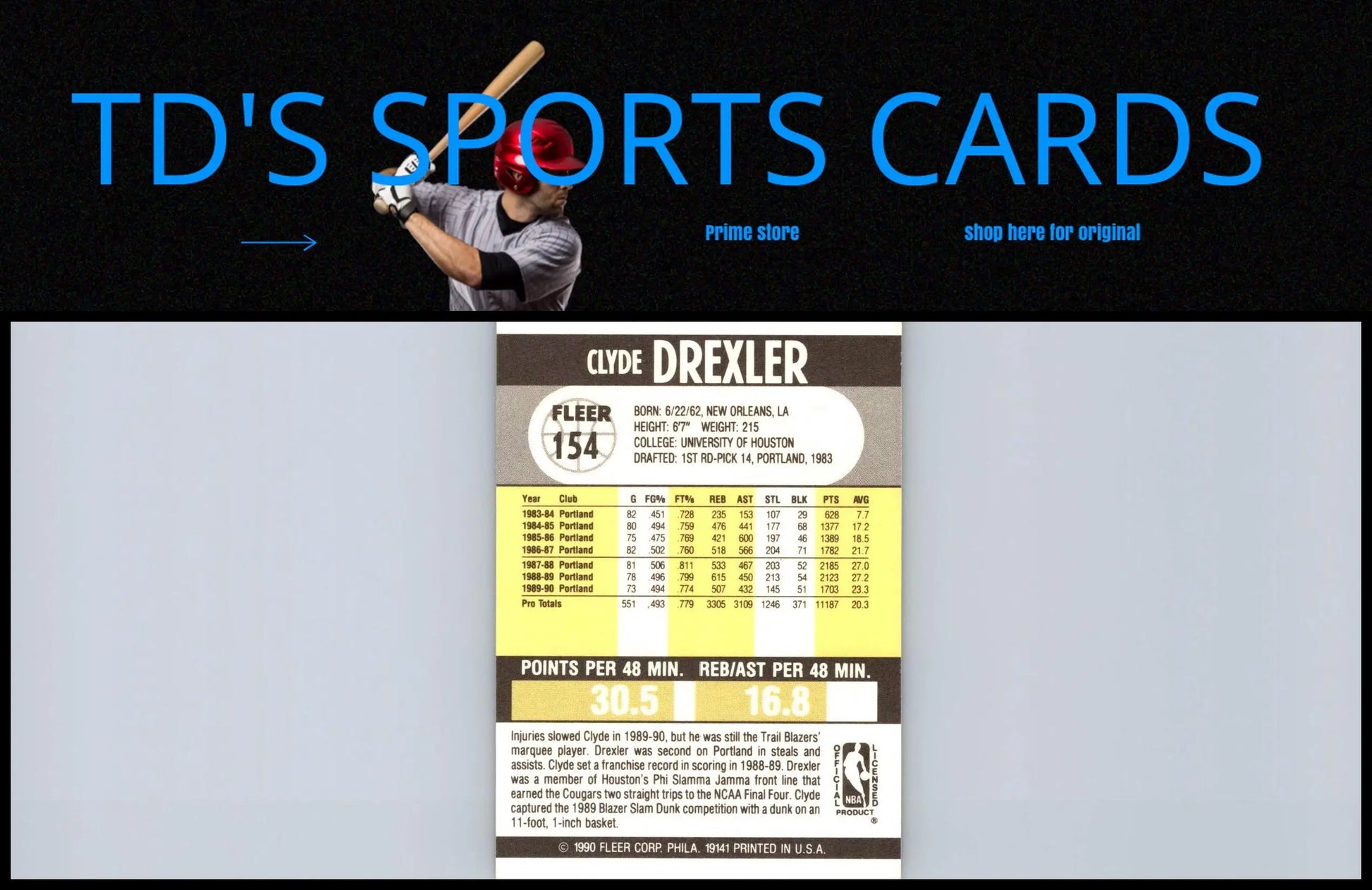 Clyde Drexler trading card from the 1990-91 Fleer set, #154 collectibles