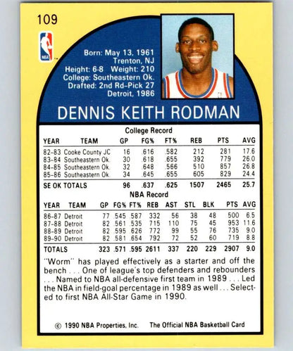 Basketball card featuring Dennis Rodman and Detroit Pistons statistics from 1990