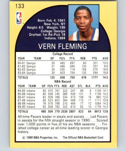 1990-91 Hoops #133 Vern Fleming Indiana Pacers Basketball card showing stats and bio