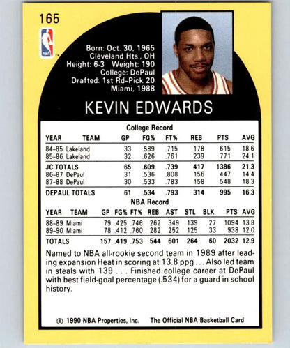 Yellow 1990 NBA trading card featuring Kevin Edwards and Miami Heat basketball stats
