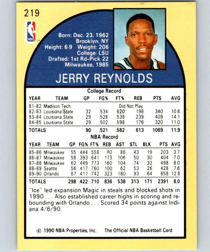 Basketball card of Jerry Reynolds showcasing Orlando Magic stats from 1990
