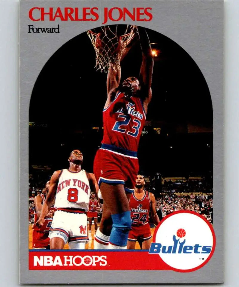 Vintage NBA Hoops 1990-91 Charles Jones card featuring Washington Bullets player dunking
