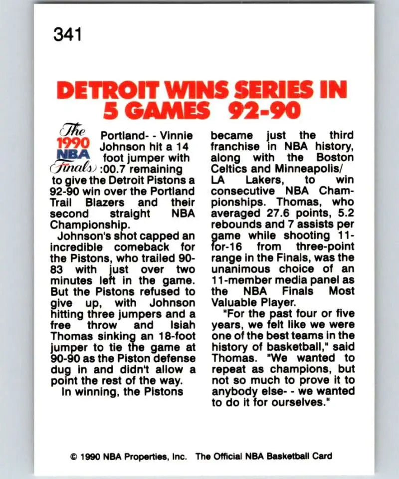 1990 NBA Finals card featuring Detroit Pistons vs Portland Trail Blazers basketball