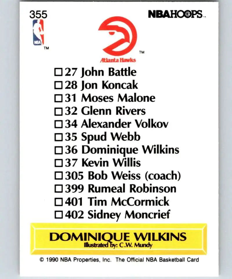 Back of 1990-91 Atlanta Hawks basketball card showing team roster with Dominique Wilkins