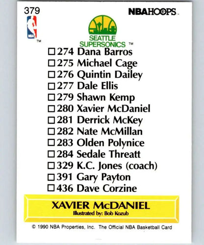 NBA Hoops basketball card checklist featuring Xavier McDaniel Seattle SuperSonics 1990