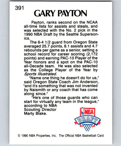 Gary Payton Rookie Card highlighting his college career and Seattle SuperSonics draft