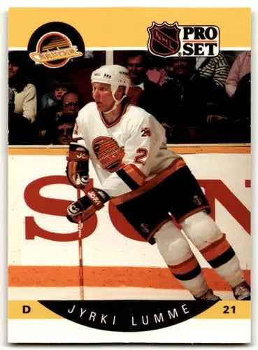 Original gloss 1990-91 Pro Set Jyrki Lumme rookie hockey card in near mint condition