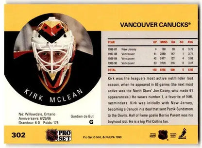 Original gloss 1990-91 Pro Set Kirk McLean hockey card Canucks NM near mint
