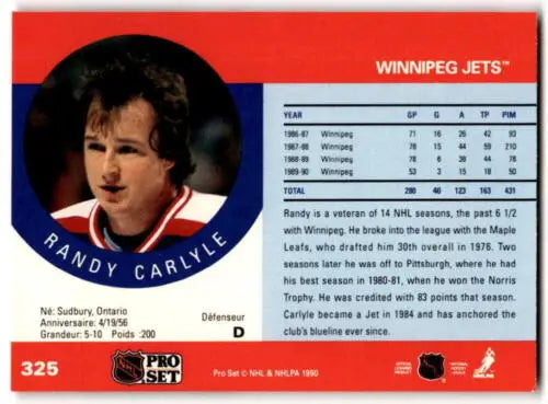 Randy Carlyle 1990-91 Pro Set hockey card with original gloss near mint condition