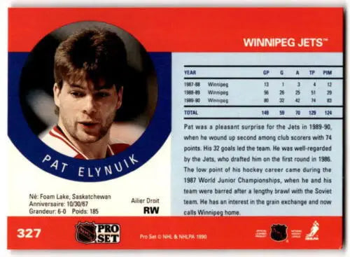 1990-91 Pro Set #327 Pat Elynuik NM hockey card with original gloss from Winnipeg Jets