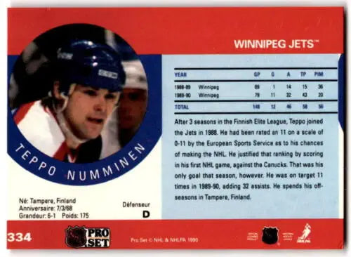 1990-91 Pro Set #334 Teppo Numminen excellent RC rookie hockey card original gloss