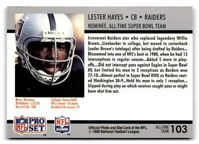 Lester Hayes football card from 1990-91 Pro Set Super Bowl XXV Silver Anniversary