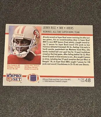 Jerry Rice football card from 1990-91 Pro Set Super Bowl XXV Silver Anniversary