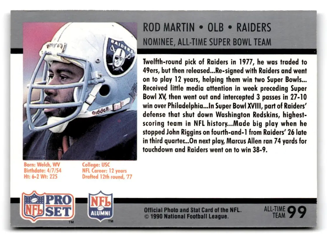 1990-91 Pro Set Super Bowl XXV Silver Anniversary Commemorative #99 Rod Martin - Trading Card