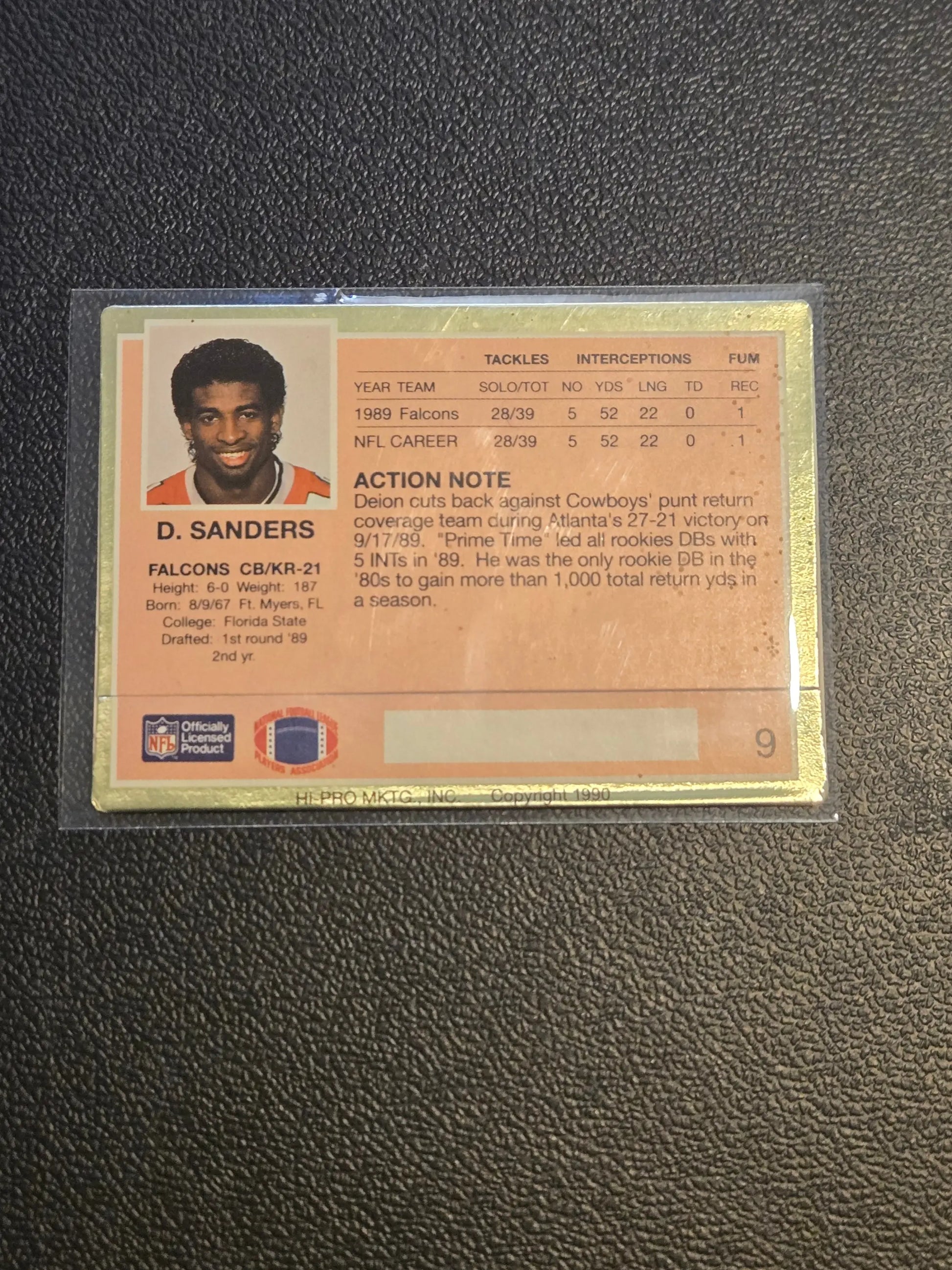 Deion Sanders football card in protective sleeve from 1990 Action Packed series
