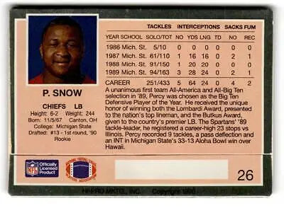 Percy Snow football card from 1990 Action Packed Rookie Update #26 collection