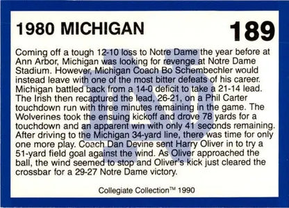 1980 Michigan football card from the 1990 Collegiate Collection Notre Dame series