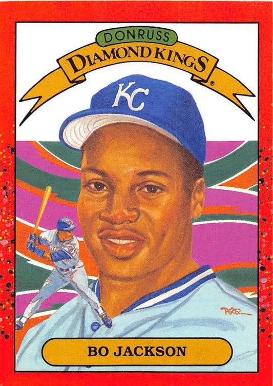 1990 Donruss Diamond Kings card of Bo Jackson, Kansas City Royals player in white uniform