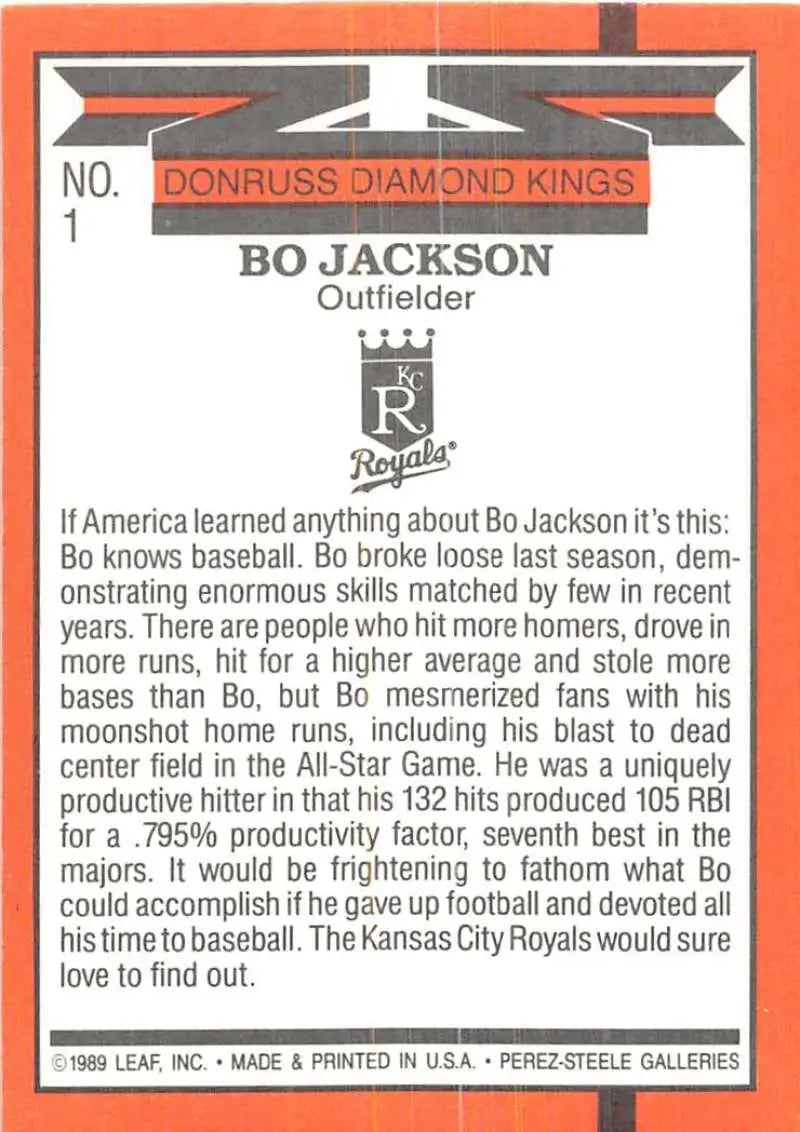 Vintage orange Donruss Diamond Kings Baseball Card of Bo Jackson, Kansas City Royals