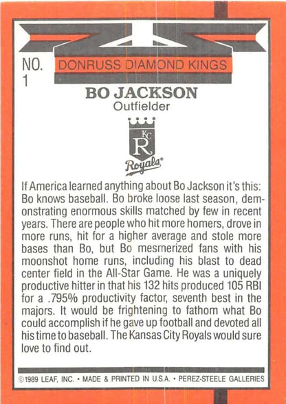 Vintage orange Donruss Diamond Kings Baseball Card of Bo Jackson, Kansas City Royals