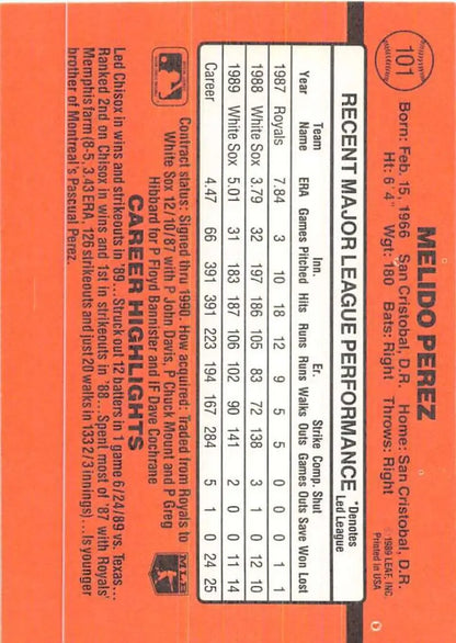 Orange 1990 Donruss Melido Perez baseball card with Chicago White Sox stats