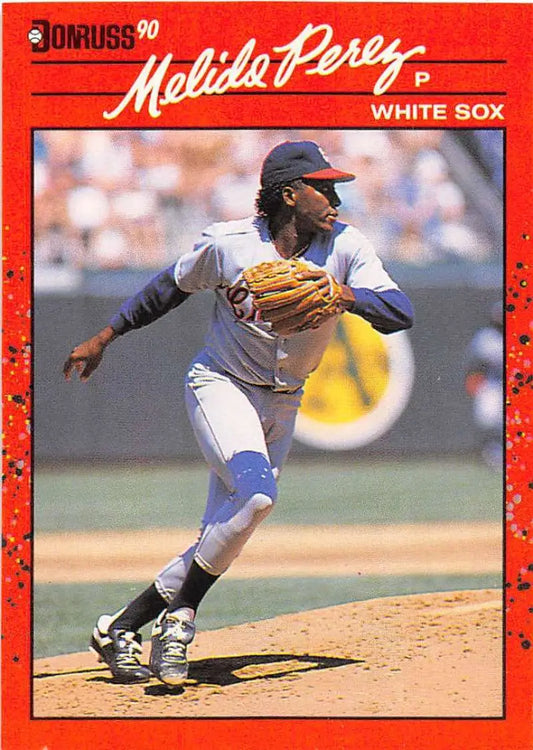 Red 1990 Donruss Melido Perez baseball card featuring Chicago White Sox pitcher in action