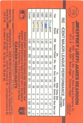 1990 Donruss #119 Jeff Reardon NM-MT Twins - Trading Cards