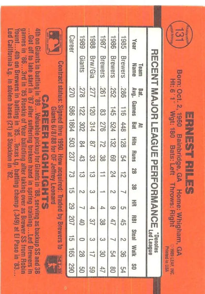 Orange baseball card displaying player stats for 1990 Donruss Ernest Riles trading cards