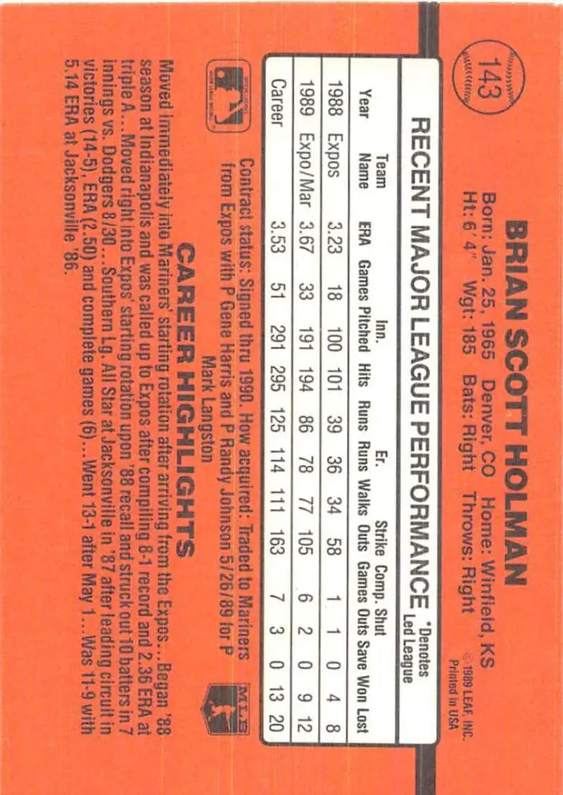 Orange baseball card featuring Brian Holman stats for Seattle Mariners trading cards
