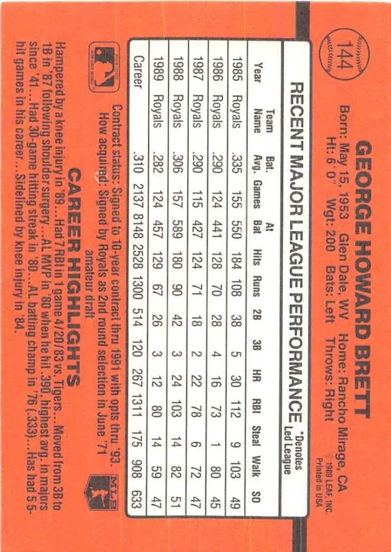 Orange 1990 Donruss #144 George Brett card with Kansas City Royals stats and performance data
