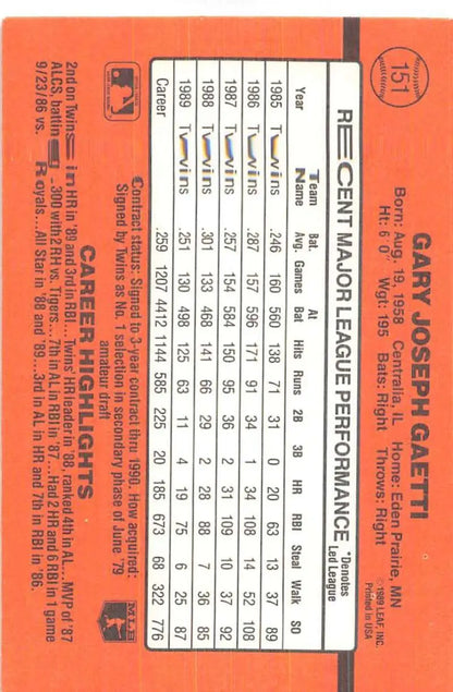 Orange transit ticket showcasing timetable details with Gary Gaetti Baseball Card
